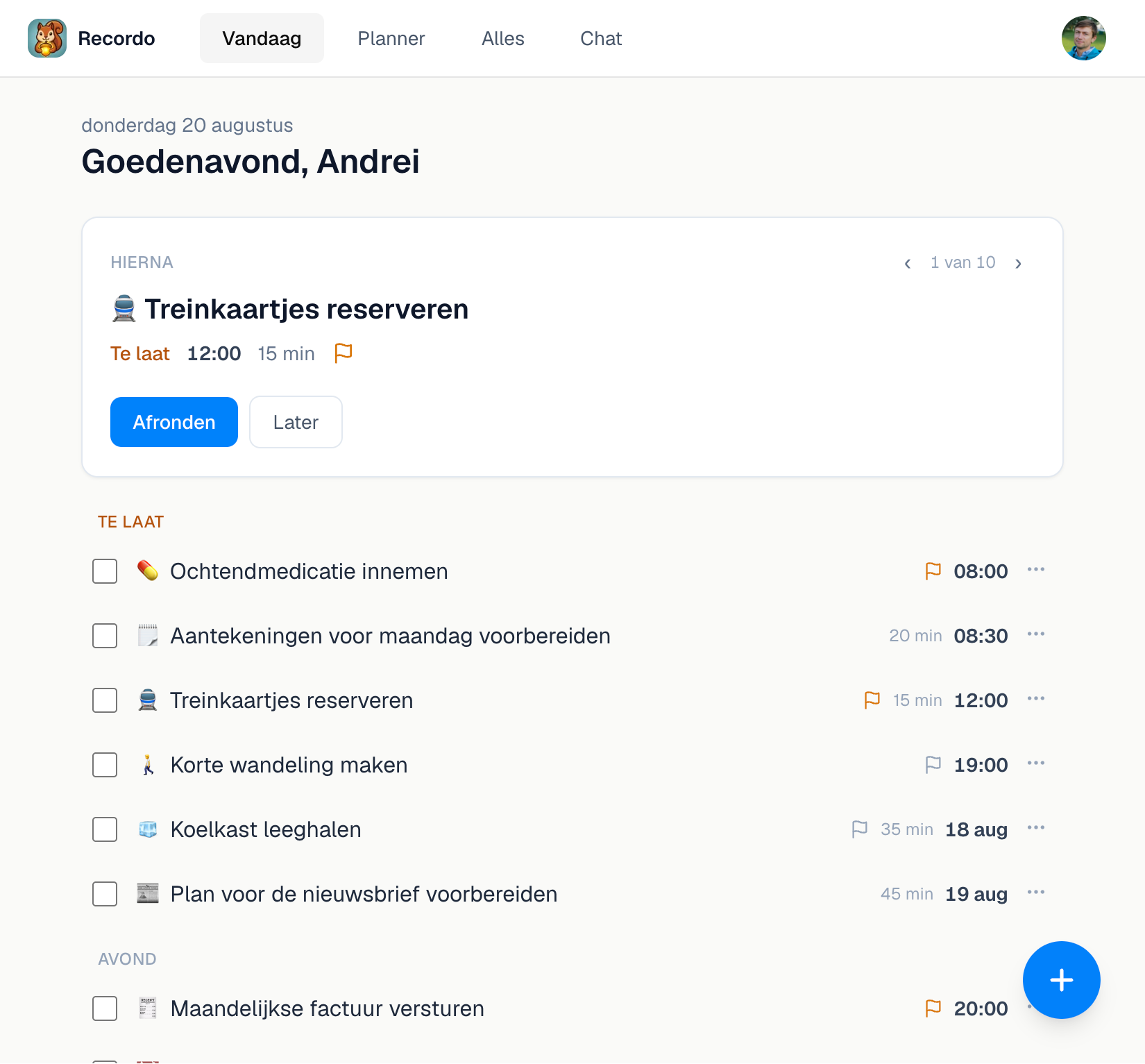 De pagina Vandaag van Recordo in de desktopwebapp