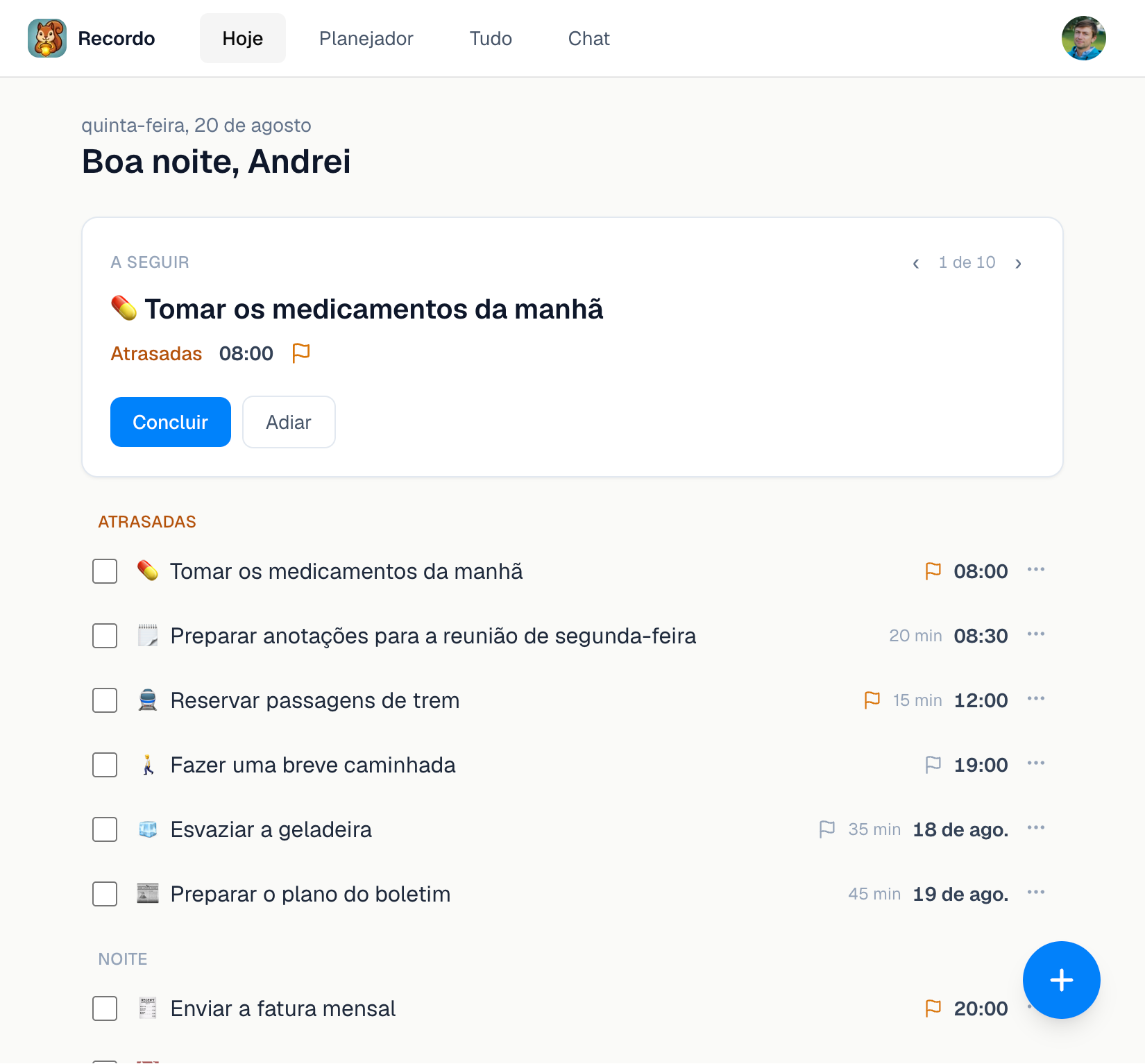 Página Hoje do Recordo no app web para desktop