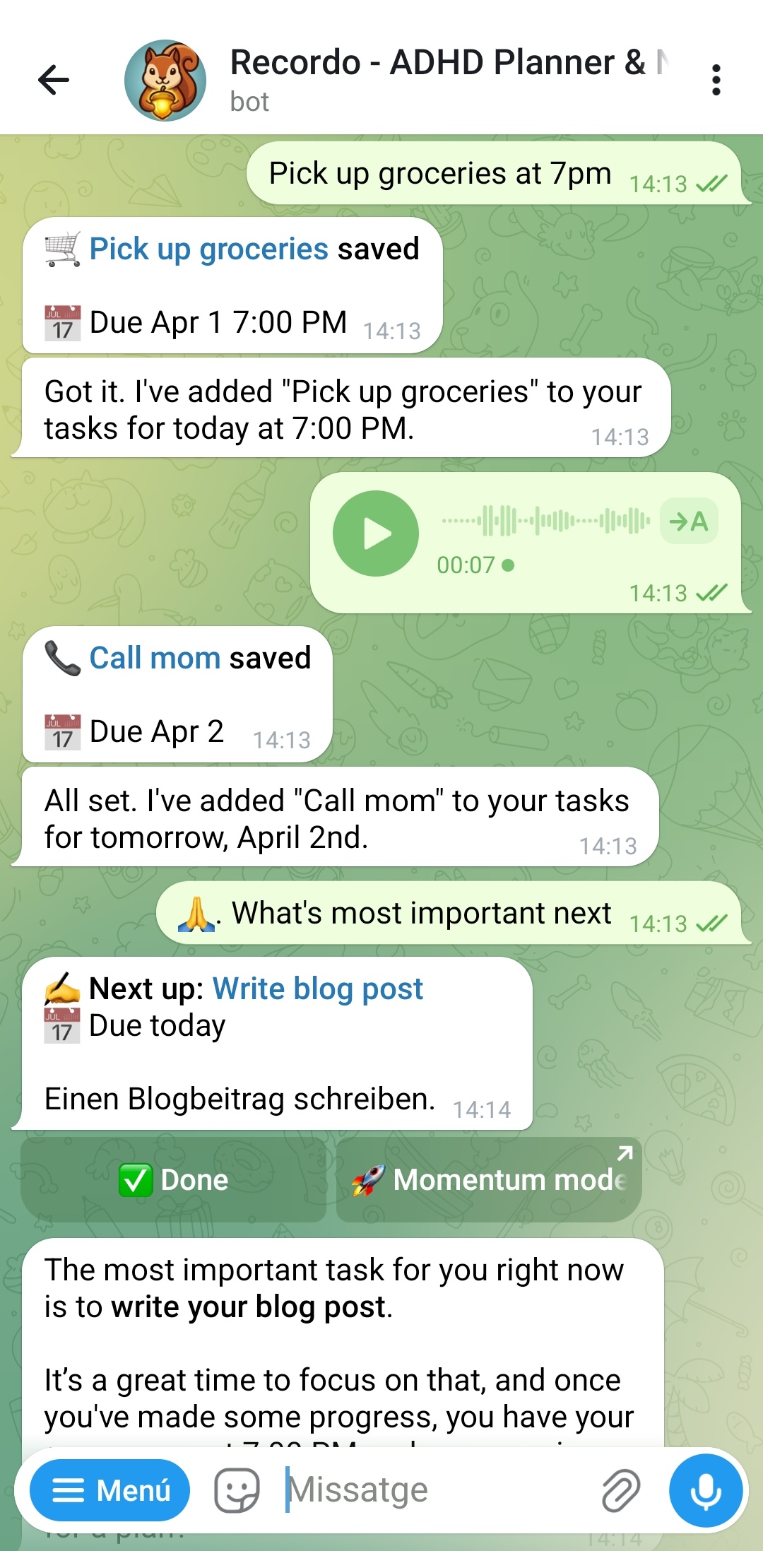 Telegram chat with Recordo ADHD Planner bot showing voice message task capture: user says Pick up groceries at 7pm and Call mom, bot confirms each task saved with due dates, then shows the Next Up task with Done and Momentum Mode action buttons
