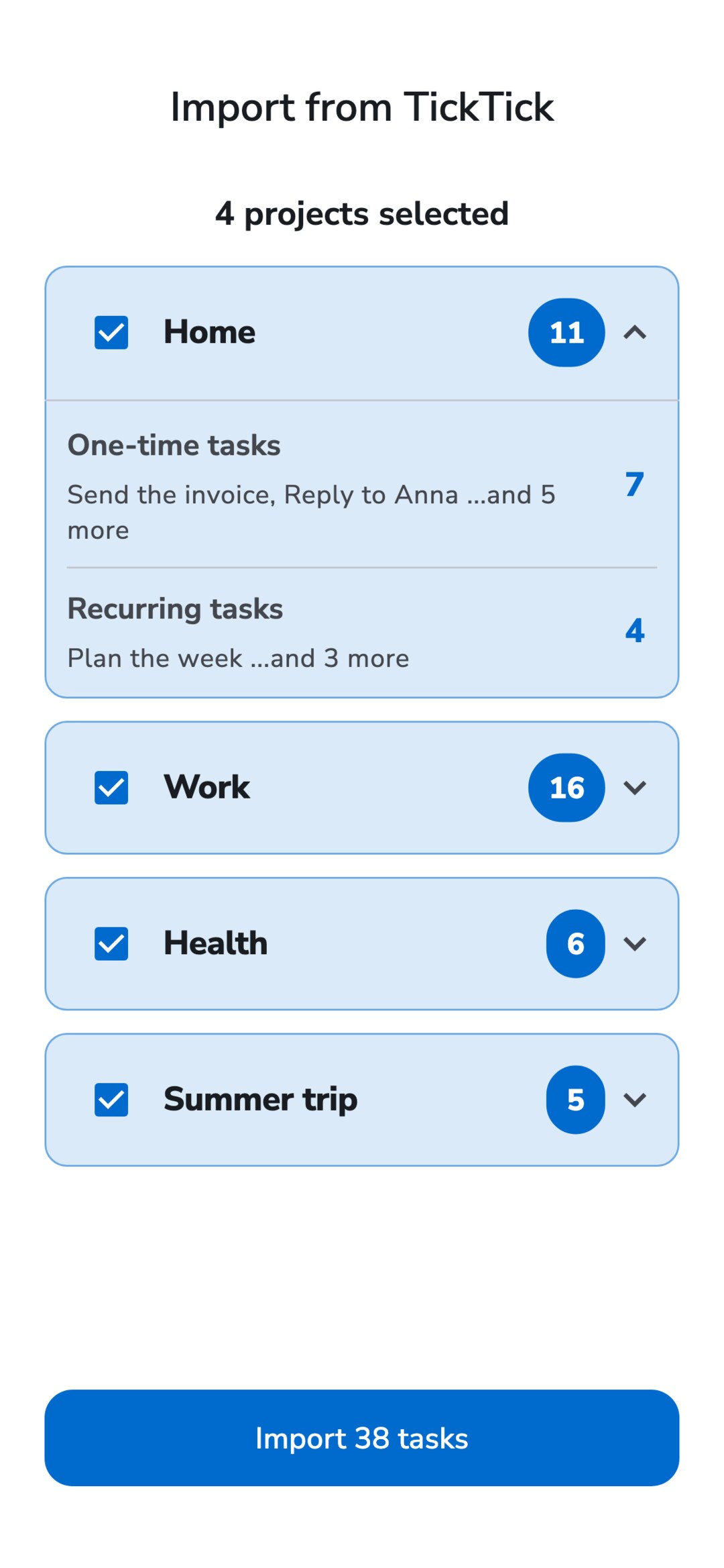 Recordo Import from TickTick screen: four TickTick lists with task counts, all selected, the first one expanded to show one-time and recurring tasks, and an Import 38 tasks button.