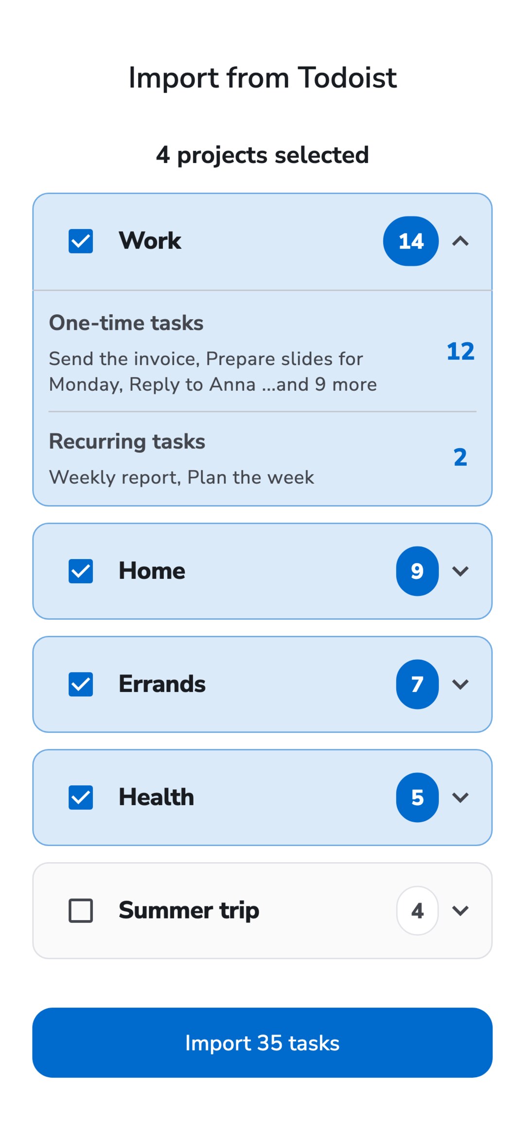 Recordo Import from Todoist screen: five Todoist projects with task counts, four selected, the Work project expanded to show one-time and recurring tasks, and an Import 35 tasks button.
