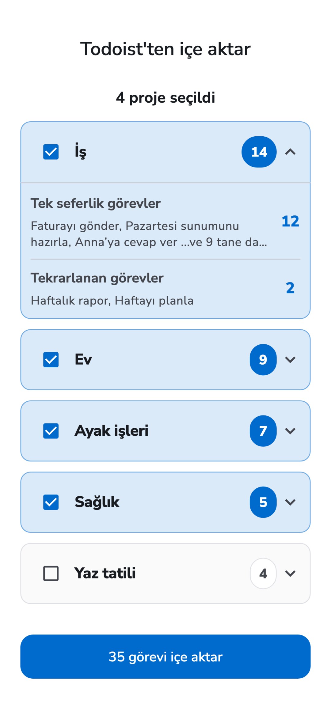 Recordo'nun “Todoist'ten içe aktar” ekranı: görev sayılarıyla beş Todoist projesi, dördü seçili, İş projesi açılmış ve tek seferlik ile tekrarlanan görevleri gösteriyor, altta “35 görevi içe aktar” düğmesi.