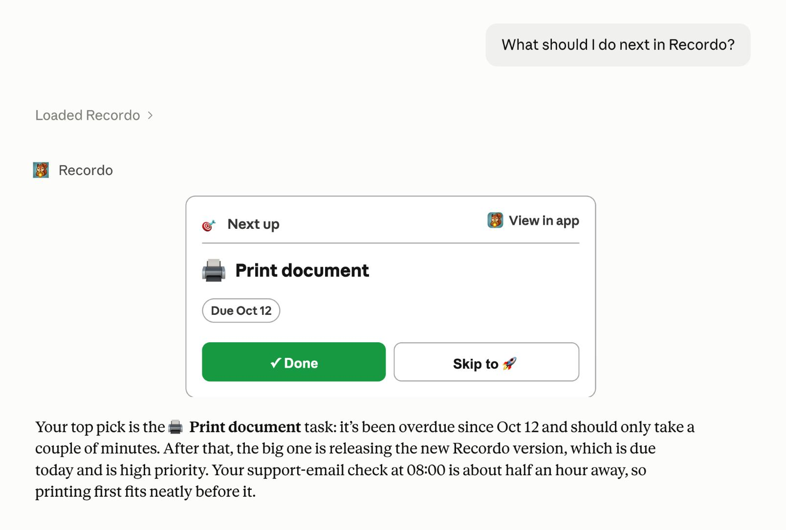 Recordo in Claude: a card with the one task to do next and a Done button