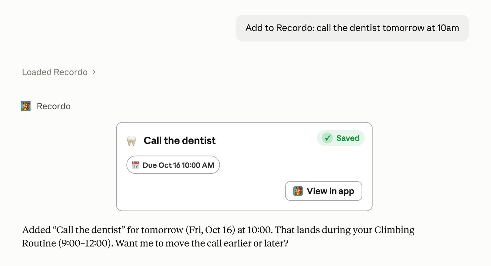 Recordo in Claude: a task added from a chat message, with its due date