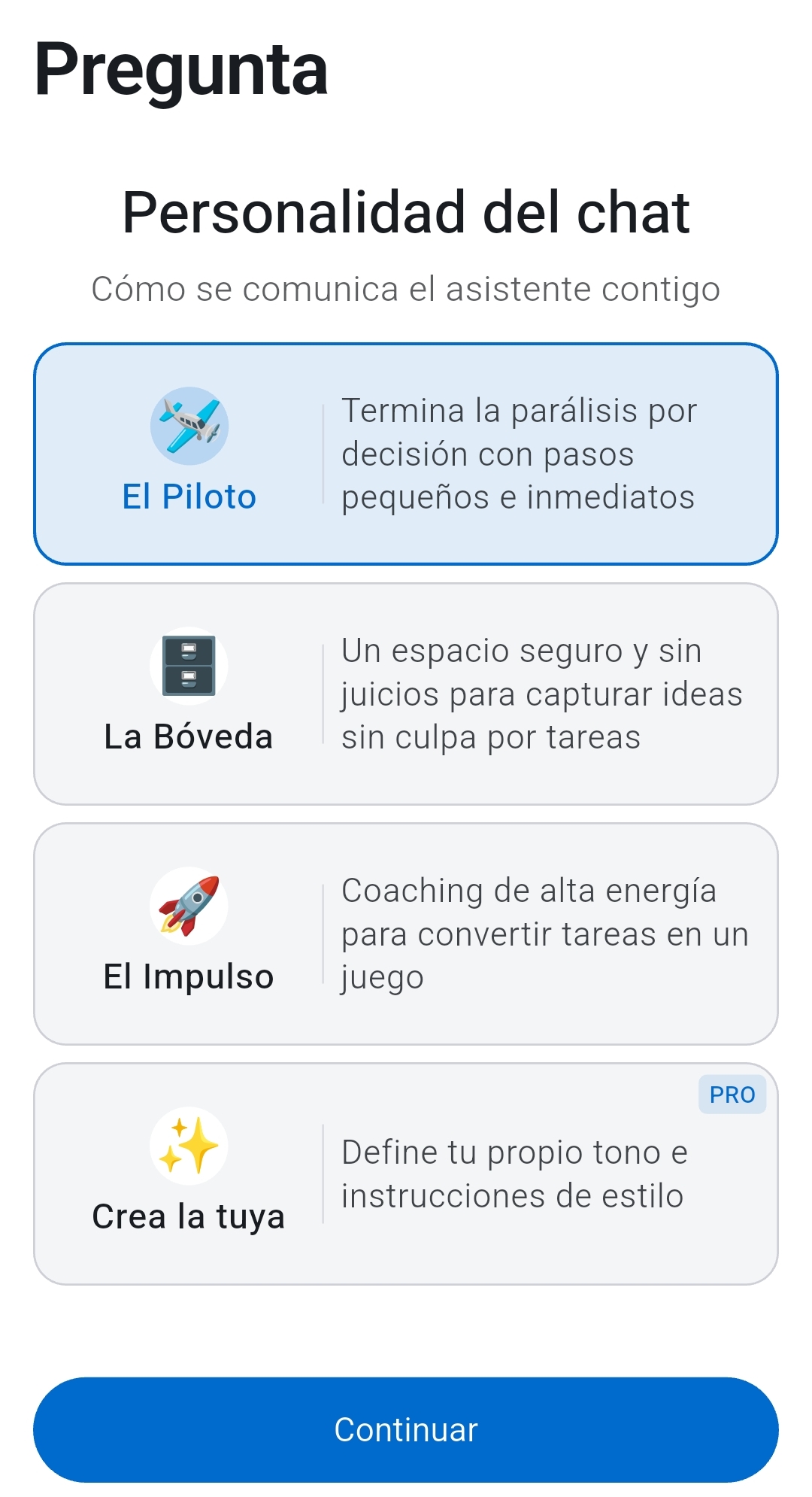 Selección de personalidad del chat en Recordo