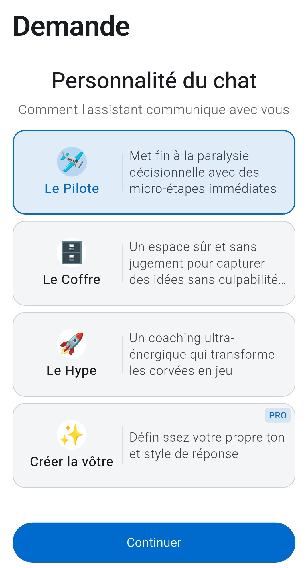 Sélection de la personnalité du chat dans Recordo